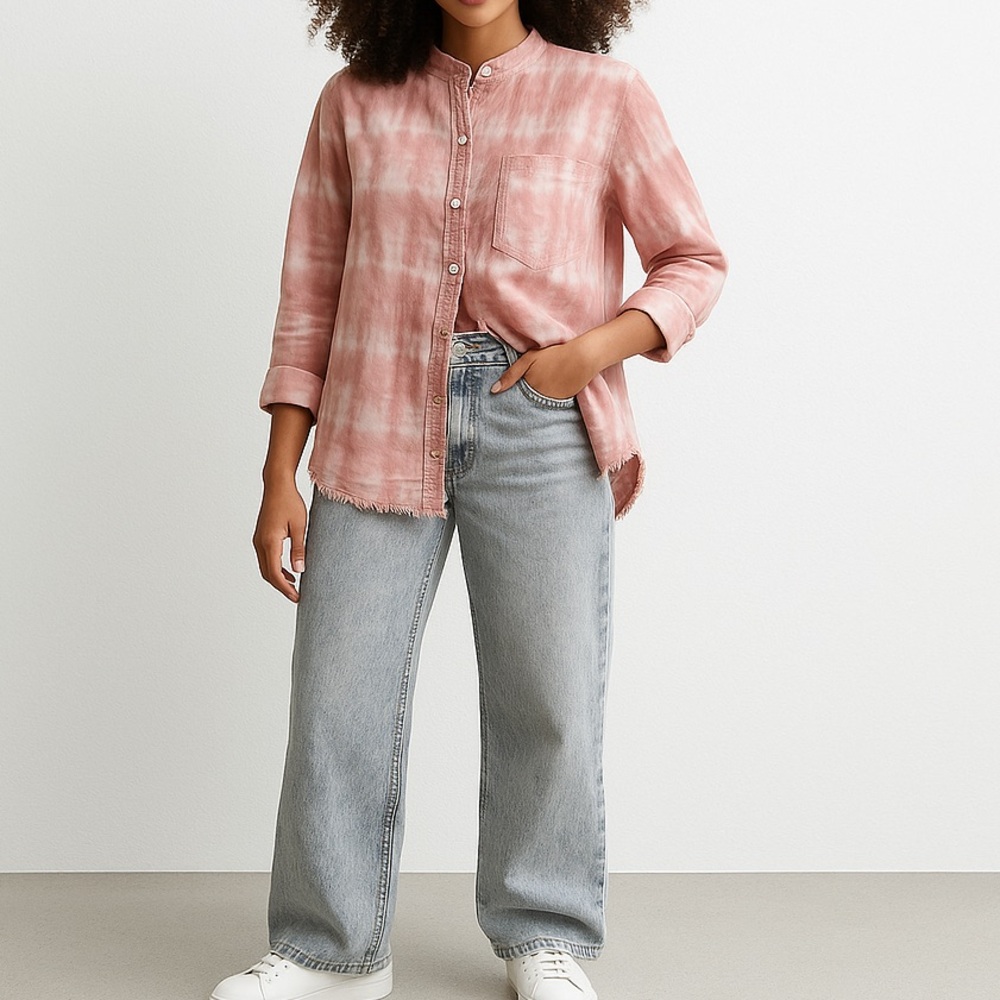 ZARA Pink Tie-Dye Button Down Shirt Size XS Oversized Raw Hem Casual 100% Cotton